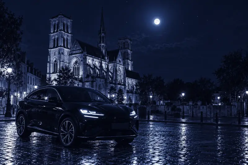 Taxi Poissy : la BYD Sealion 7 noire de PeaceDrive VTC, de nuit devant la collégiale de Poissy